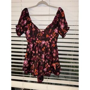 Grille Rose Romper  Floral Print Ruffle Dress Medium